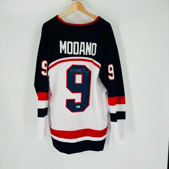 NWOT Mike Modano Autographed USA Hockey Jersey Blue White Mens Size XL Olympics - Picture 1 of 6
